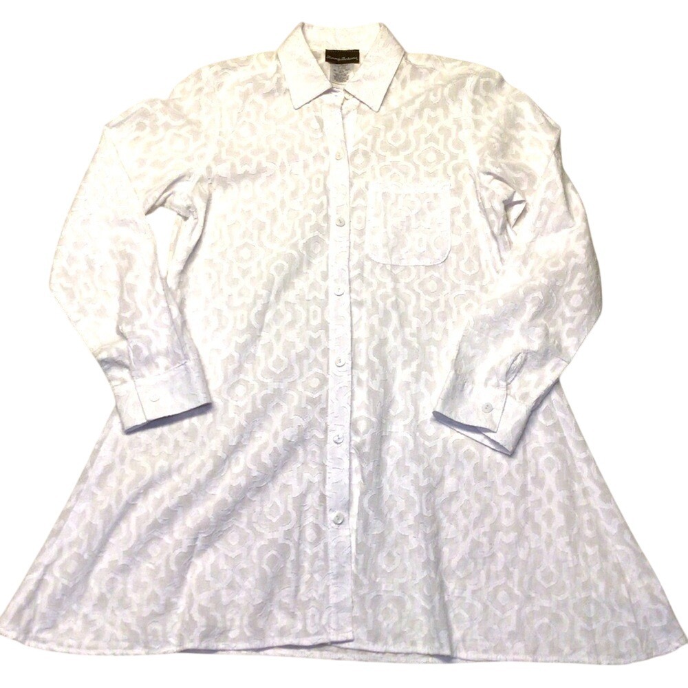 Tommy Bahama Womens White‎ Geometric Jacquard Cotton Button Down Tunic XS Summer